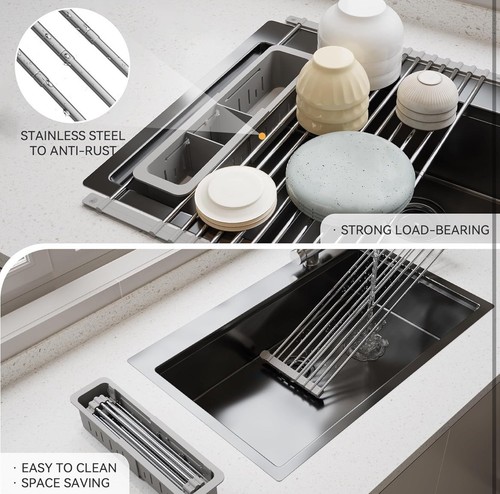 Expandable Roll Up Dish Drying Rack W Storage Basket Grey Up To 21.46” Sink Drai - Picture 6 of 13