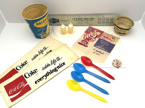 11 Dairy Queen 50s Cups Dilly Wrapper Pin Spoons Ruler 2 Coke 70s Soda Jerk Hats