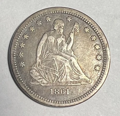 United States 1861 Silver Seated Liberty Quarter Civil War Date - Nice Patina!