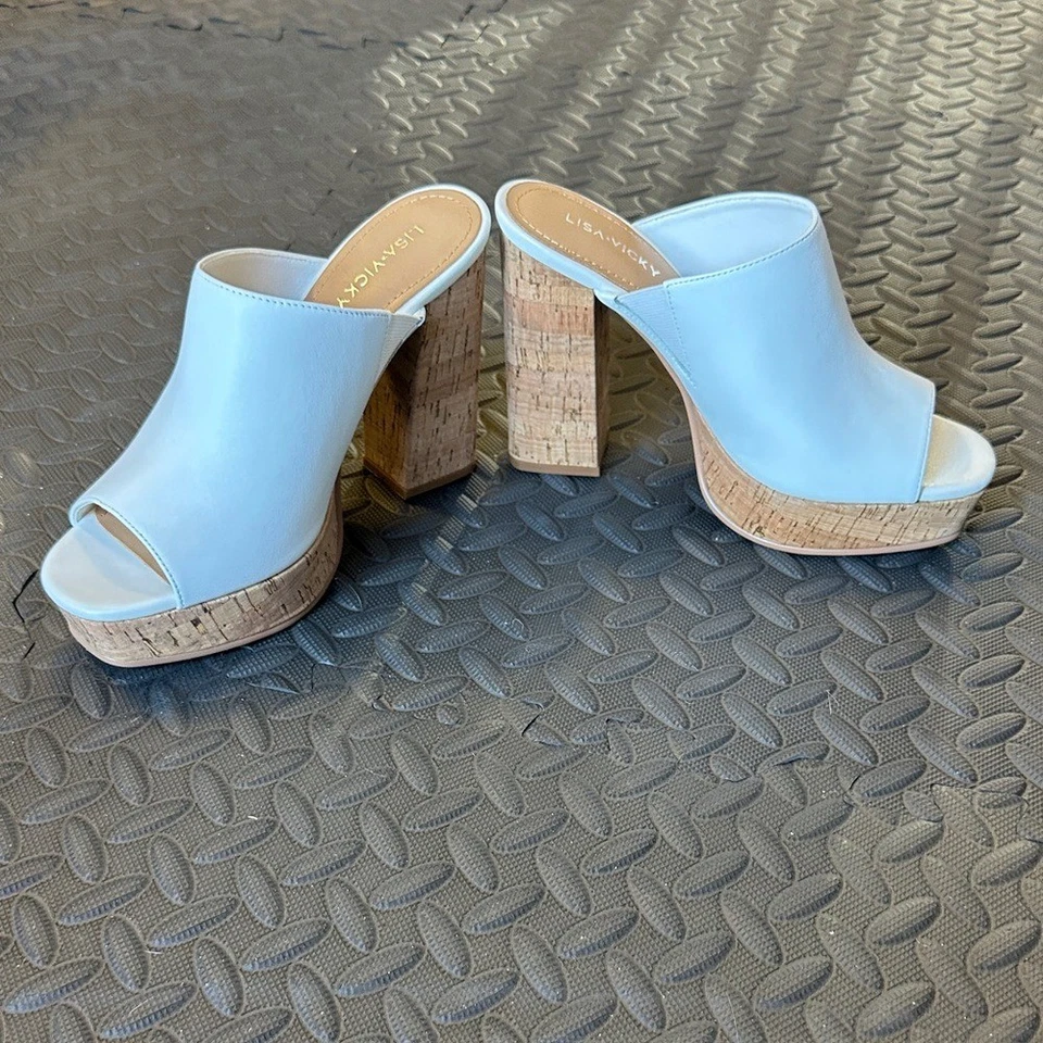 Mules Lisa Vicky Joy-V para mujer de cuero blanco punta abierta espalda abierta talla 7 M Foto 3 de 4