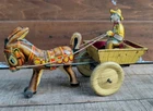 MARX Tin Wind Up Toy Farmer Man on a Donkey Mule Cart
