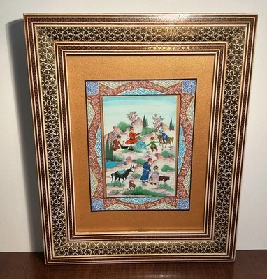 Antique Persian Miniature Painting in Traditional Khatam Style Frame Signed