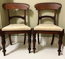 Pair Regency Style Mahogany Dining Chairs Scroll Back Velvet Upholstered Seats