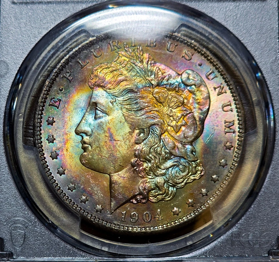 Dólar de plata Morgan 1904-O MS63 PCGS monstruo arco iris EOR extremo rollo moneda tonificada PQ Foto 2 de 4