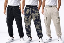 Men's Cargo Pocket Fleece Joggers Warm Tracksuit Bottoms Gym Jogging Pants
