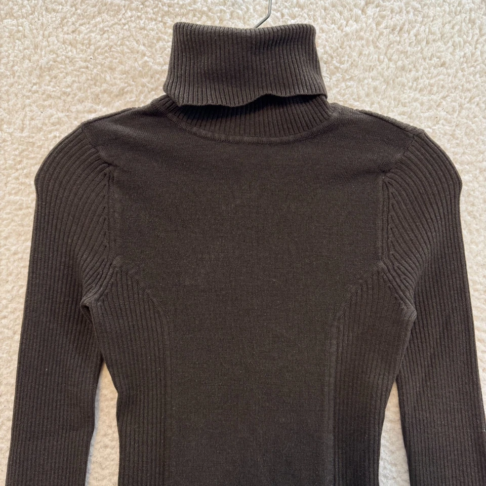 Y2K Vintage Turtleneck Sweater XS Small Brown Rib Knit Fitted Preppy Minimalist - Image 3 of 4