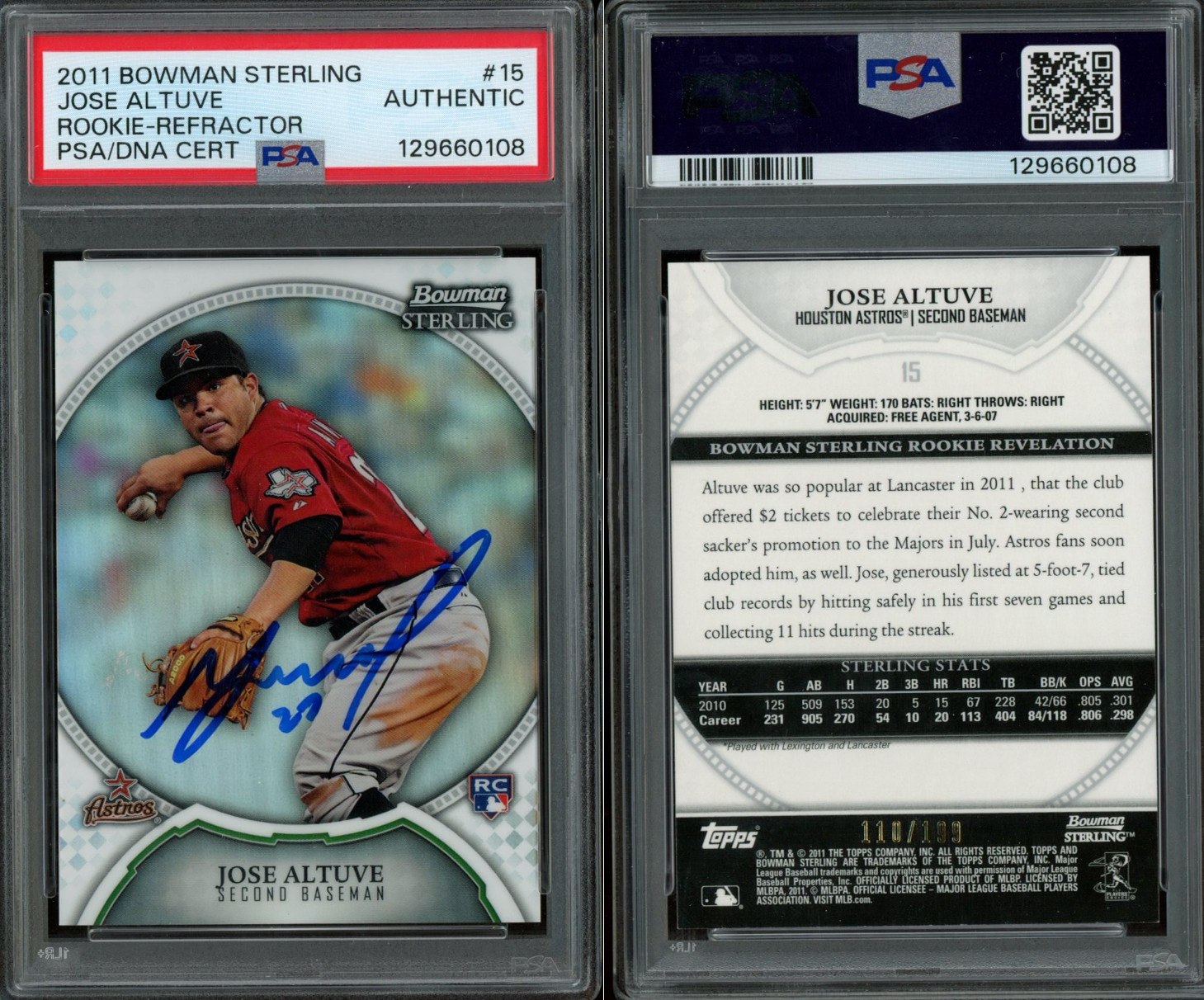 Jose Altuve 2011 Bowman Sterling Refractor Signed RC Autograph Auto PSA #15 /199