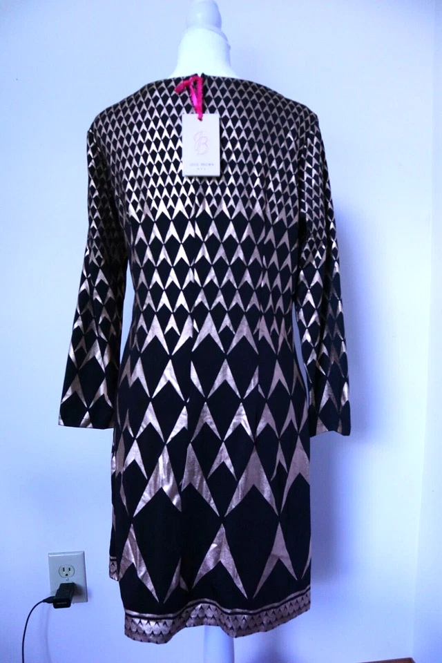 Vestido midi Julie Brown para mujer negro/dorado metálico manga larga talla mediana ¡NUEVO CON ETIQUETAS! Foto 4 de 4