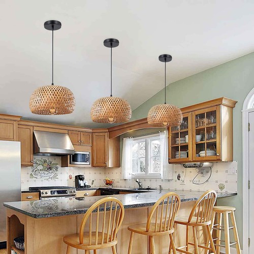 Rustic Pendant Light with Rattan Lampshade Hardwired Ceiling Light Dining Room - Picture 6 of 7