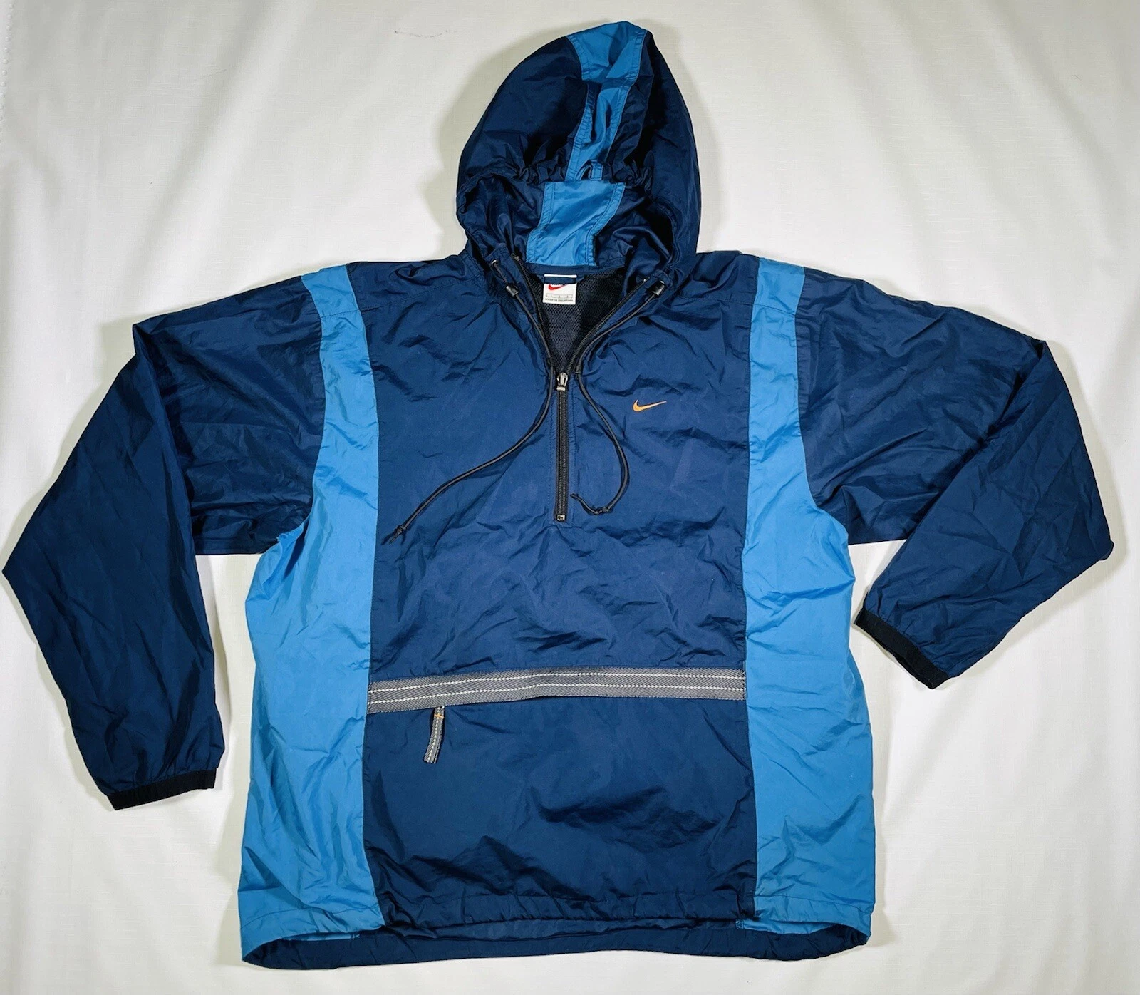 Nike Vintage Windbreaker Blue Packable Hood Jacket Reflective Trim Size Large