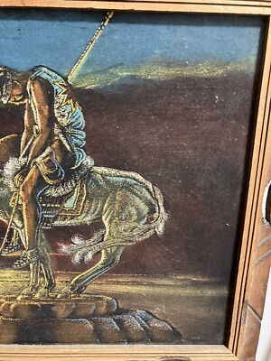 Vtg 70's Velvet Painting Native American Warrior Horse 19” X 22