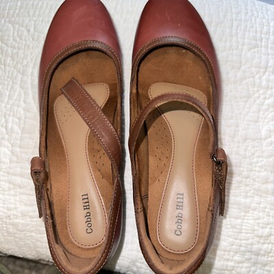   Cobb Hill Comfort Mary Janes 10 Red & Brown Leather; Stitched, 1-2 Inch Heel