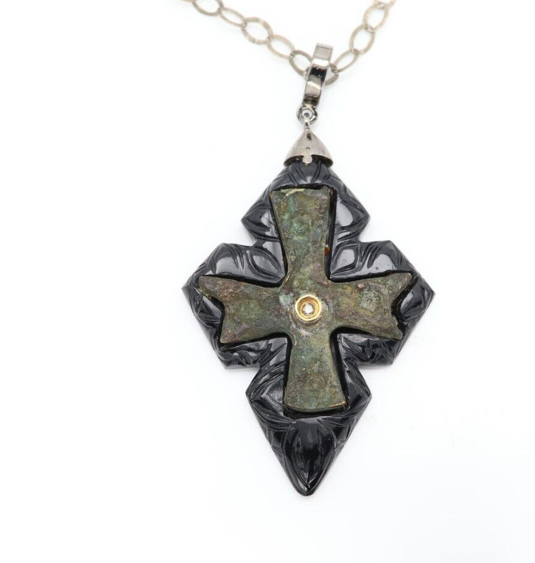 Old Vintage Byzantine Cross and Black Onyx  in Sterling Silver 925  (#20)