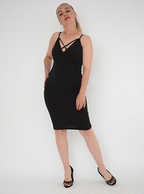 Ex New Look Black Criss Cross Plunge Neck Strappy Bodycon Mini Dress Size 6  LEFT | eBay UK