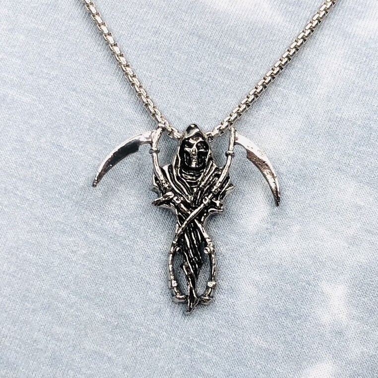 Grim Reaper Double Scythe Skull Pendant Gothic Hell Demon Necklace