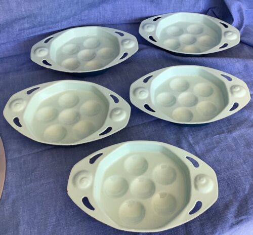 5 Vintage Dark Blue & Light Green Escargot Tray 6 Shells For Cooking/ Serving