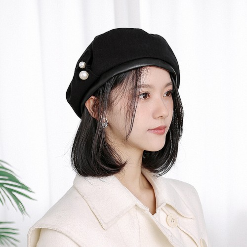 Lady Pearl Beret Hat Soft French PU 