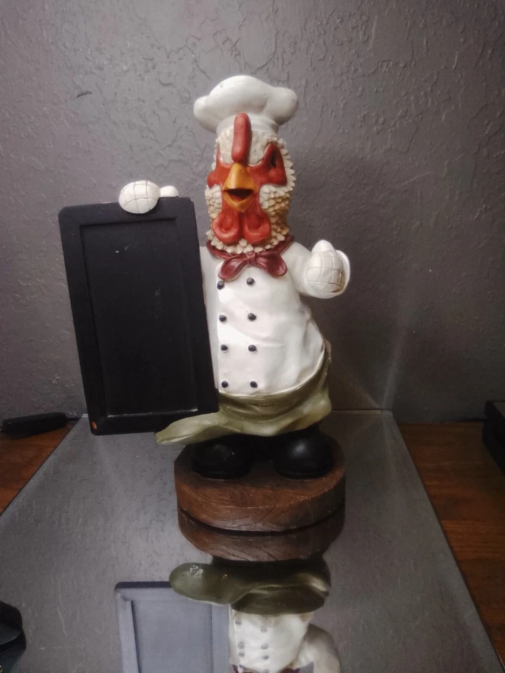 11" tall ROOSTER CHEF chicken cook chalk board holder Kitchen sign statue - Image 3 of 4