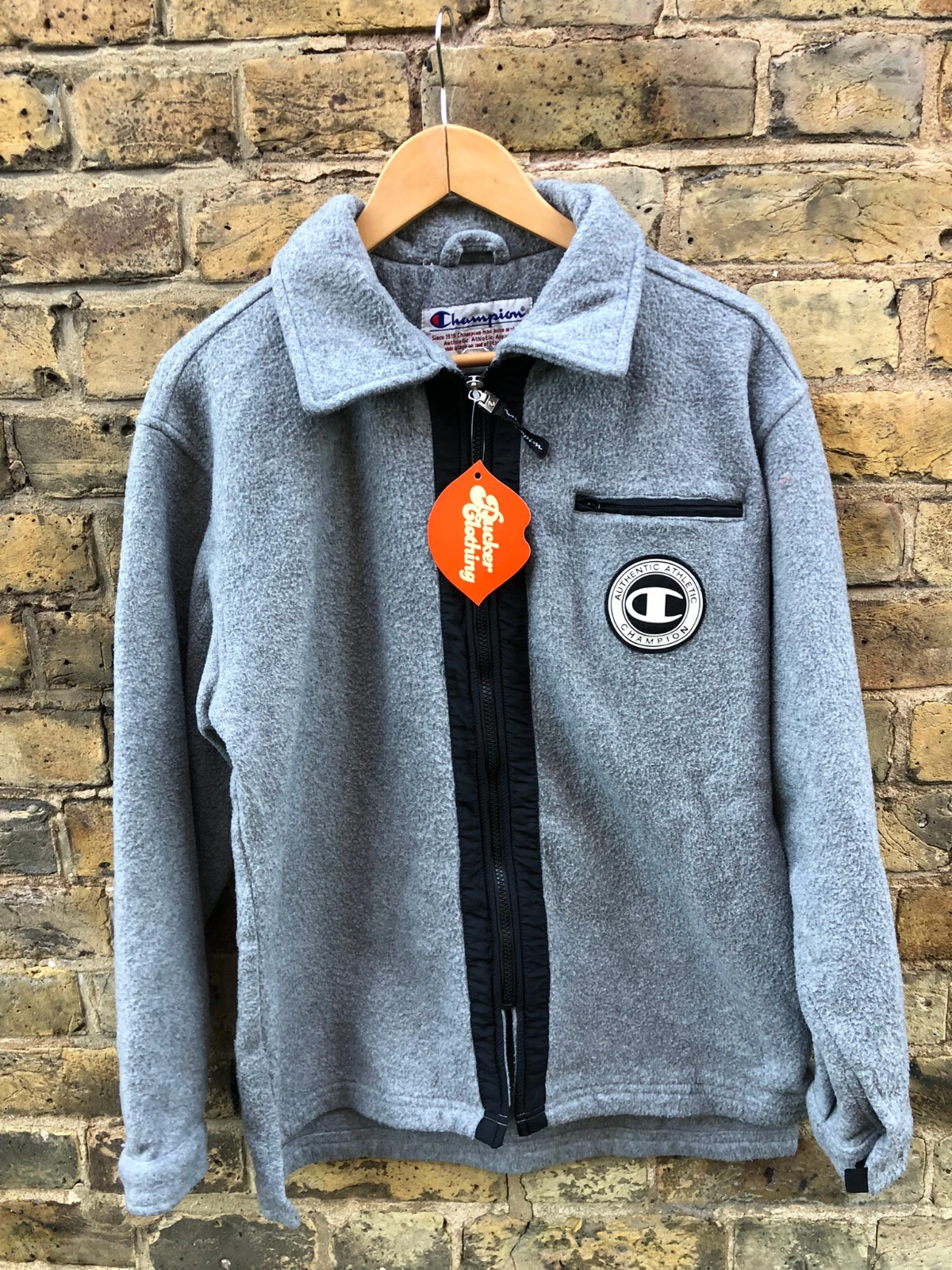 CHAMPION Mens Fleece Jacket Small Zipper Coat Polyester Vintage Grey 90s
