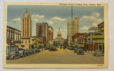 Vintage Linen Postcard, Street View, Michigan Avenue, Lansing, Michigan