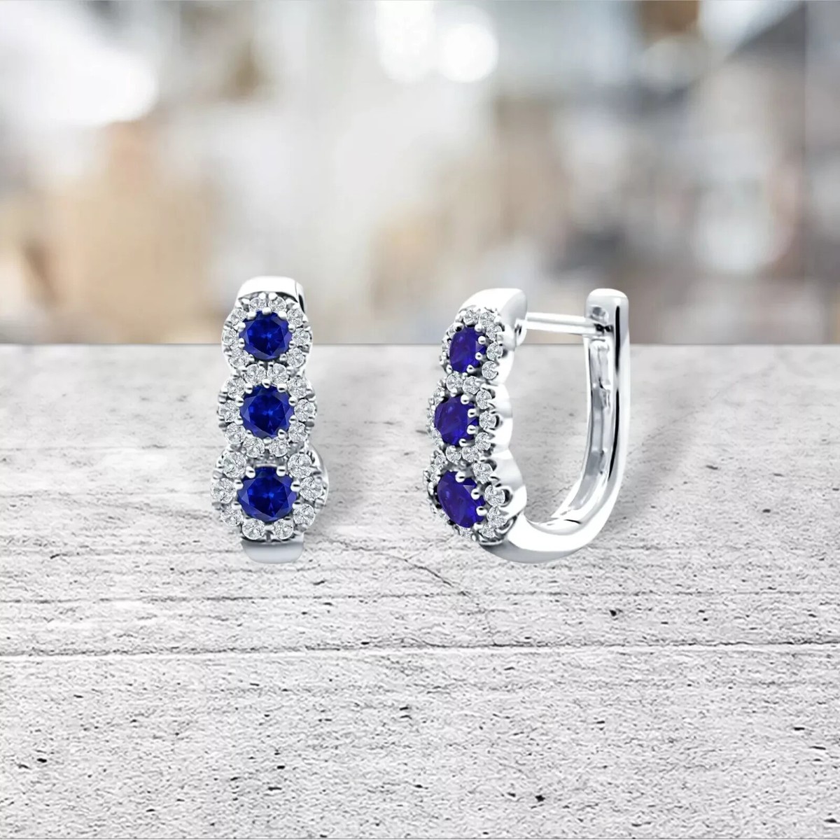 Simulated Sapphire Round Cut Women's Hoop Earring 14K White Gold  Plated