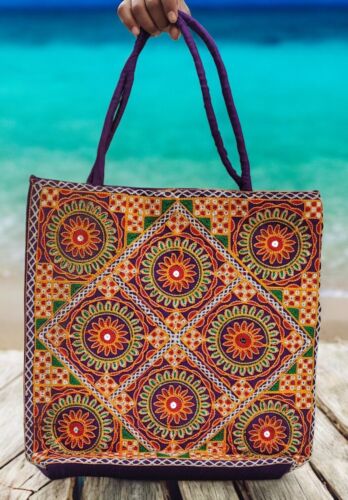 Handmade Embroidered Tote Bag - Boho Ethnic Shoulder Handbag Mirror Work Floral