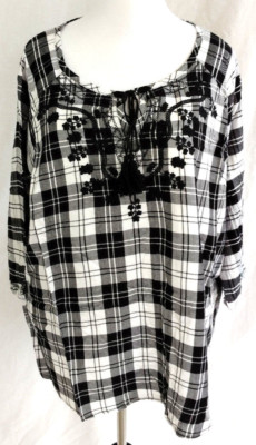 Lane Bryant Top Blouse Womens Plus Sz 18 20 Black White Plaid Tassel Embroidered
