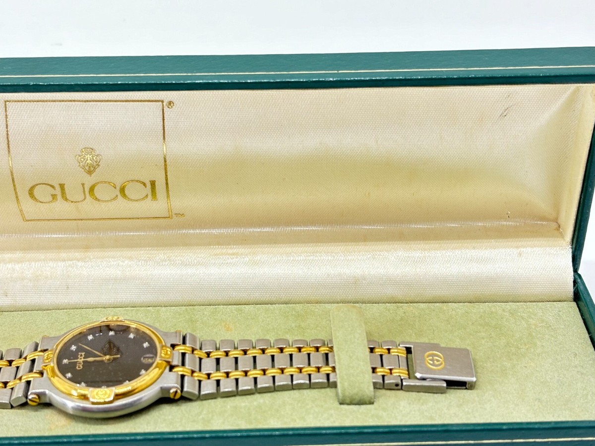 Exc+5 w/Box ] GUCCI 9000M Black Dial 11P Diamond 3 ATM Men Watch