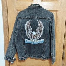 Vintage 80s USA Harley Davidson Eagle Black Denim Biker Jacket Mens Medium