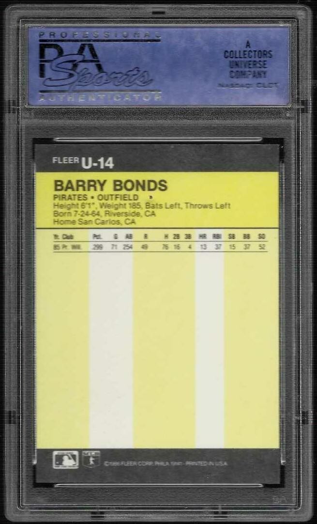 1986 FLEER UPDATE U-14  Barry BONDS PIRATES GIANTS ROOKIE CARD RC PSA 9 MINT view 2