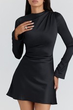 HOUSE OF CB 'Lulu' Black Satin Long Sleeve Mini Dress S 8/10 A-C CUP 5351