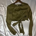 Zara Blouse Womens Small Olive Green Long Sleeve Tie Front Cropped Top New