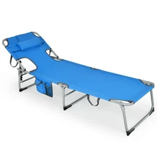 Goplus Outdoor Beach Lounge Chair Folding Chaise Lounge w/Storage Bag Blue