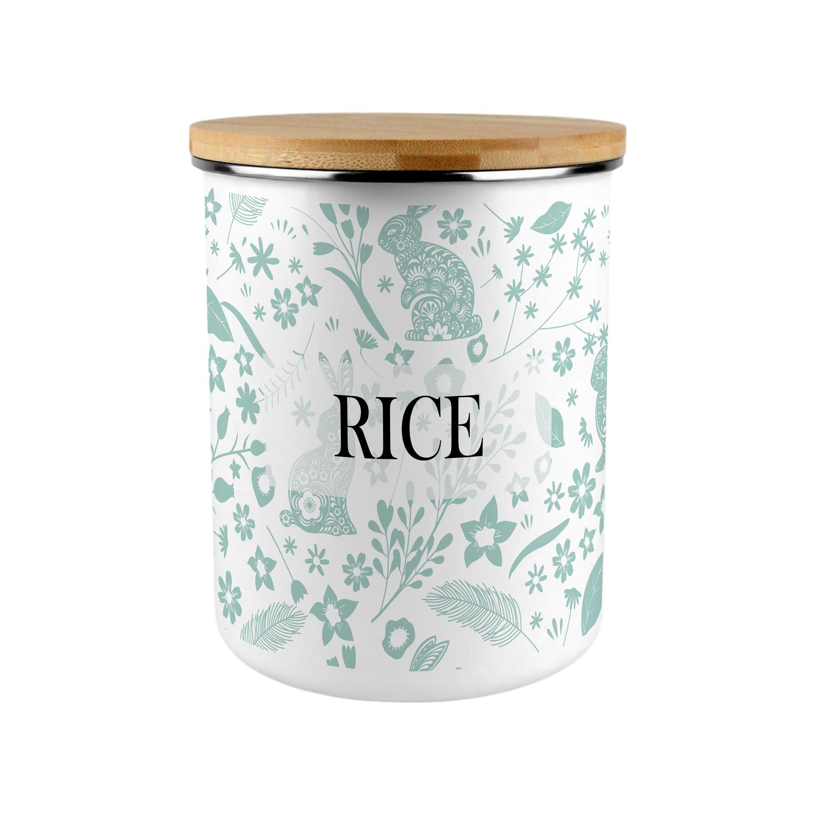 Green Rabbits Rice Storage Canister - XL Enamel Container Home Gift