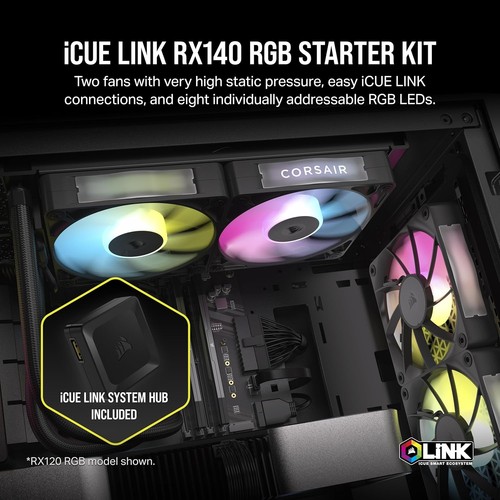 Corsair iCUE Link RX140 RGB Gehäuselüfter 140mm Starterkit Schwarz Packung mit 2 - Afbeelding 2 van 8