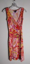 Chaps Vibrant Pink Orange Green Paisley Boho Faux Wrap Sundress X-Small