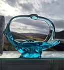 Vintage Murano Art Glass Aqua Blue Basket Bowl for fruit. Heavy. Waves shape