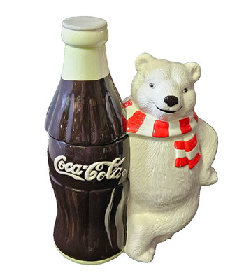 1998 Coca Cola Polar Bear Hugging Coke Bottle Ceramic Cookie Jar Vintage Cute!