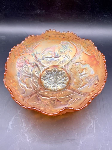 Vintage Fenton Art Glass ~ Marigold Carnival Glass Bowl ~ Lion & Grape Design ~