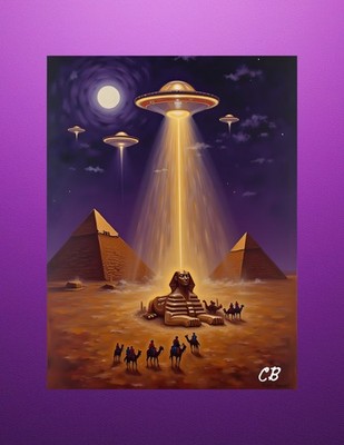 UFO Abduction Pyramids ACEO | Sphinx Giza Folk Art | Purple Sky Alien Egypt