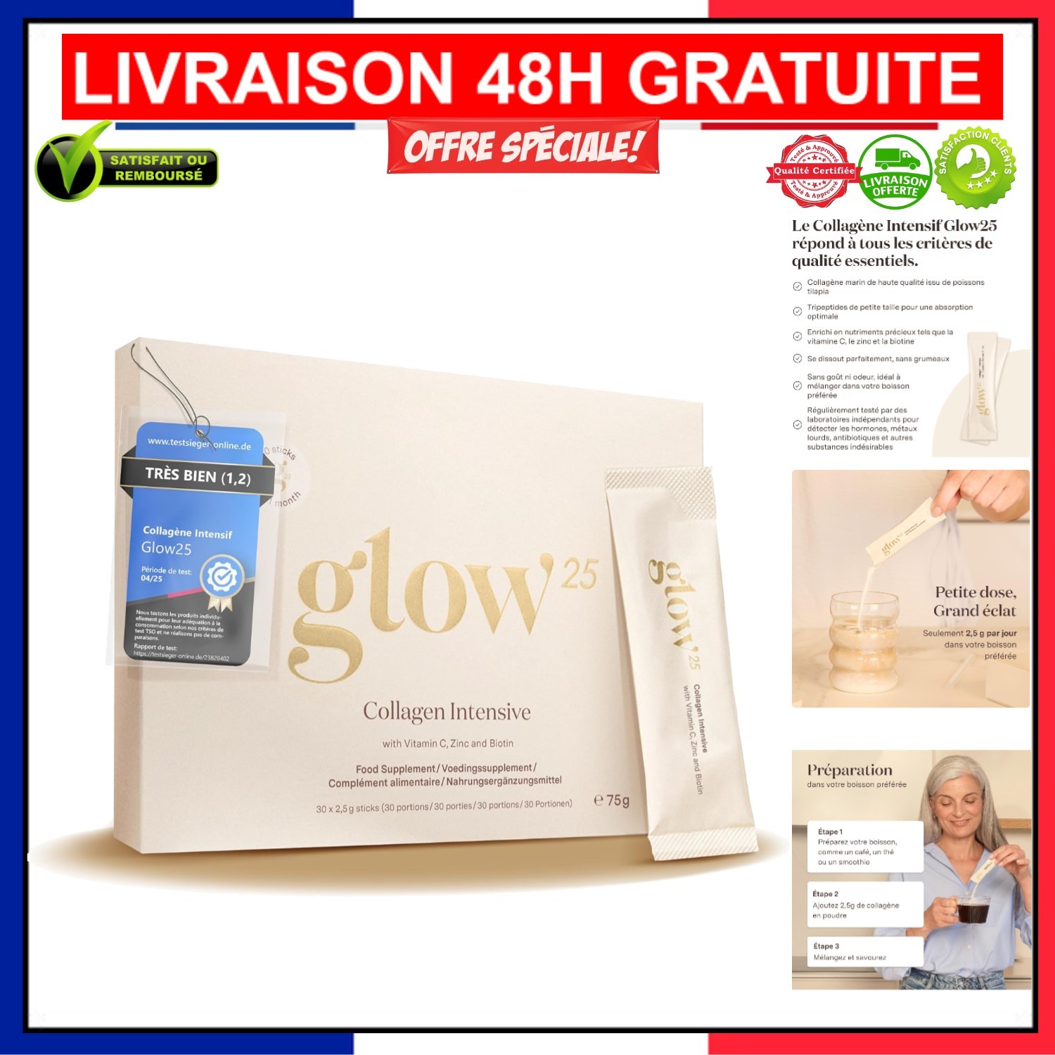 Collagène Tripeptides Anti-Âge et Biotine pour l'Éclat du Teint - 30 Sticks Vitalité