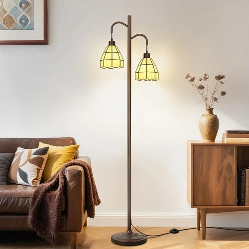 Tiffany Style Stained Glass Floor Lamp, Vintage Mid Century Tall Standing Lam...