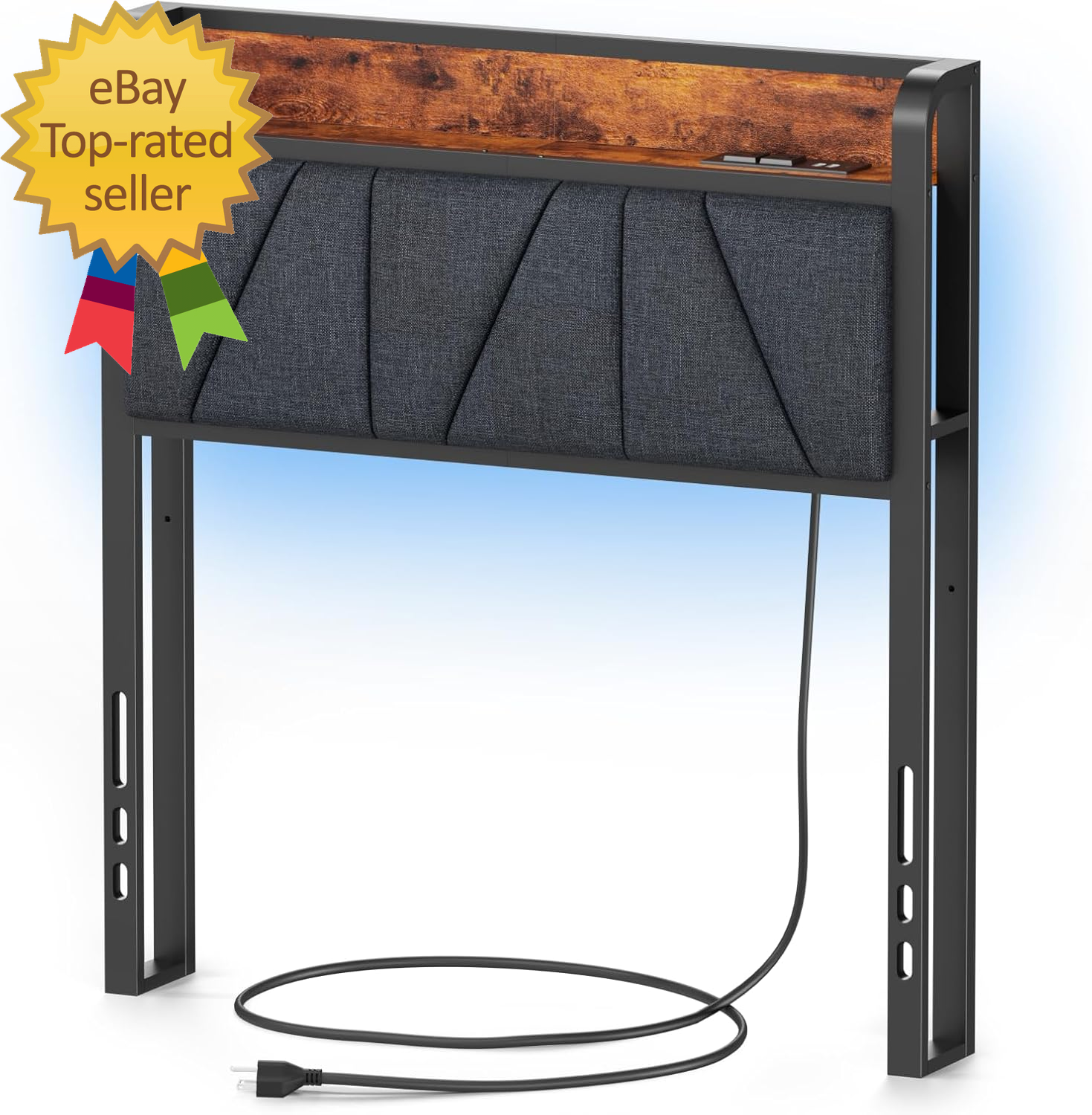 Twin LED Upholstered Headboard with Storage and Backrest-image