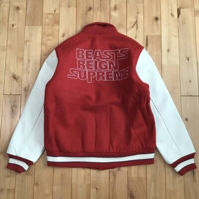 BAPE Sleeve Leather Varsity Jacket BEASTS REIGN SUPREME NIGO Red