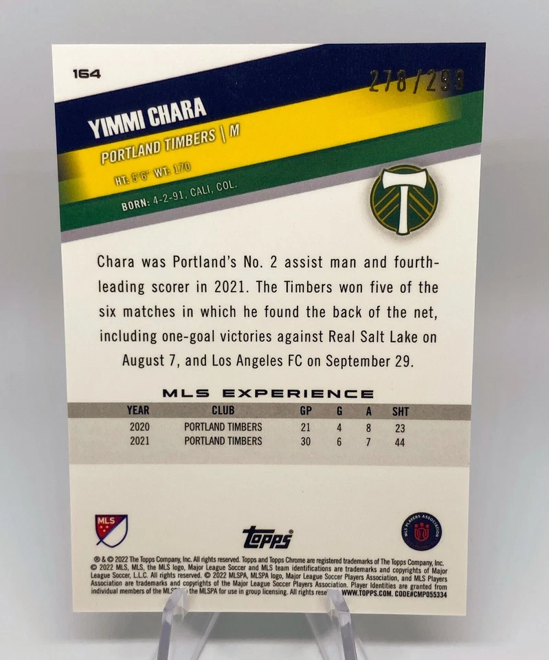 2022 TOPPS CHROME MLS YIMMI CHARA #164 Aqua Refractor /299 Portland Timbers - Image 2 of 2