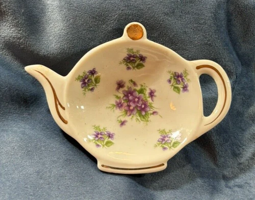 Vintage Lefton Japan Teapot Tea Bag Holder Spoon Rest Multi-Color Floral Design