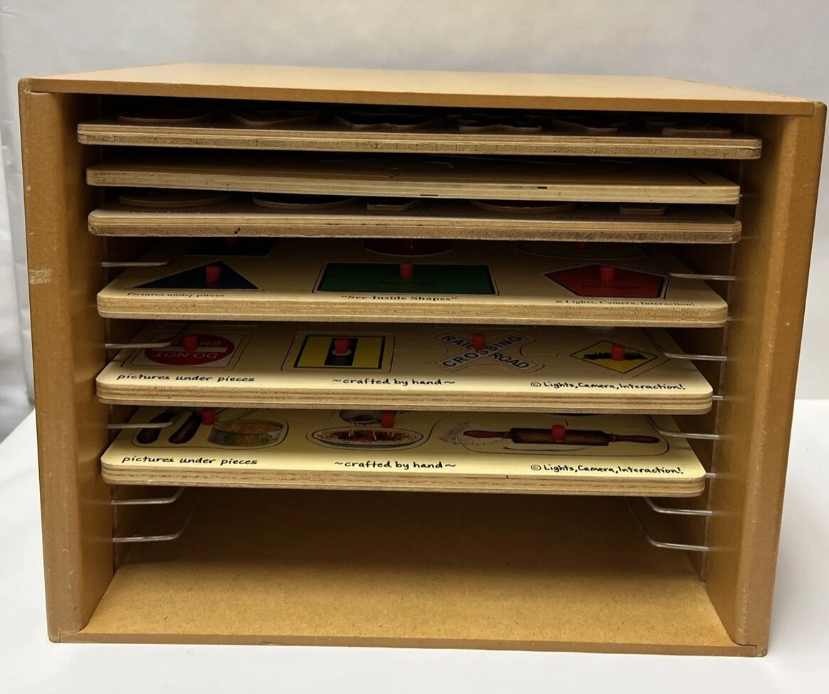 Melissa & Doug Wooden Puzzle Storage Case Keeper + 6 Peg Puzzles