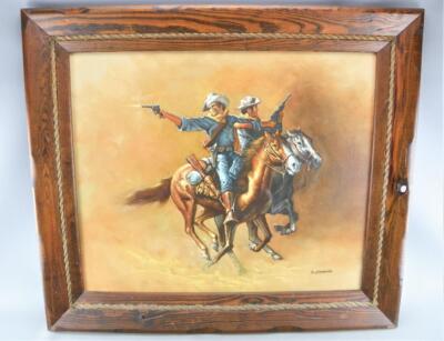 John J. Stanford Signed 30''X26'' Framed Western Union Cavalry Canvas Oil Painting