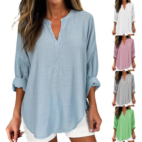 Women Cotton Linen Solid Color 3/4 Sleeve Shirt V-Neck Loose Blouse Pullover Top