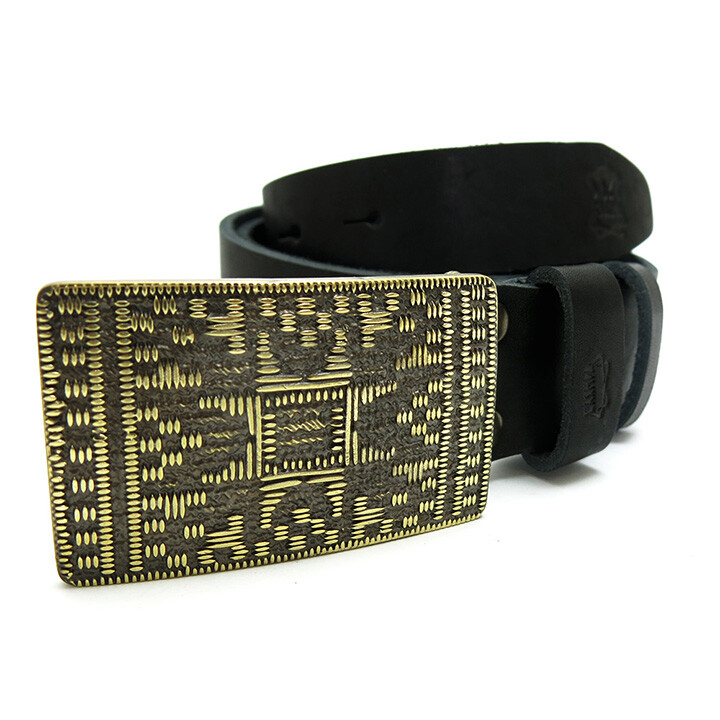 Leather belt with brass buckle Plakhta, Ukrainian ornament embroidery gift-image